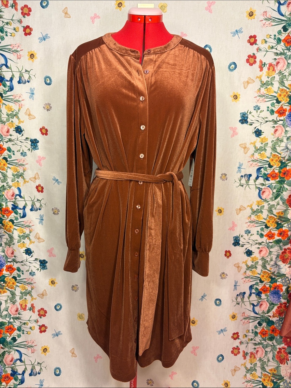 Time and Tru - NWT Copper Brown Velvet Button-Front Belted Dress Chic Classic - Picture 1 of 9